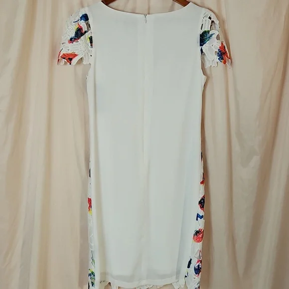 Sharagano Watercolor White Lace Sheath Dress Women's 8 Rainbow Vibrant Artsy NWT - Picture 5 of 9